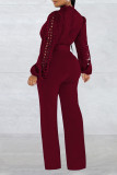 Burgundy Casual Solid Hollowed Out Patchwork With Belt O Neck Straight Jumpsuits(With A Belt)