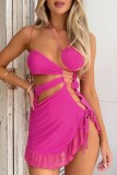 Rose Rouge Sexy Solide Bandage Creusé Dos Nu Spaghetti Strap Robes Robe Sans Manches