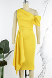 Yellow Elegant Solid Patchwork Oblique Collar Evening Dress Dresses