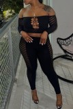 Black Sexy Solid Hollowed Out See-through Backless Off the Shoulder Long Sleeve Two Pieces