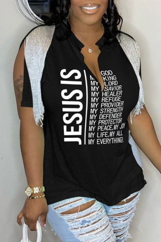 Black Casual Letter Print Tassel Patchwork V Neck T-Shirts