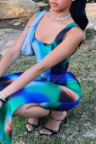 Azul sexy estampado patchwork asimétrico cuello en u sin mangas dos piezas