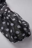 Black Casual Print Polka Dot Patchwork Ribbon Collar Shirt Dress Dresses