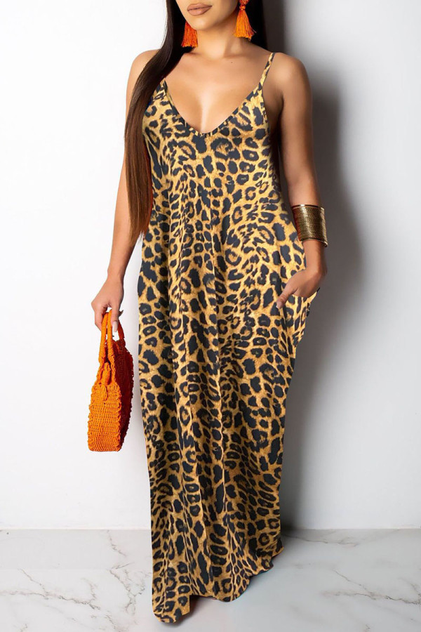 Vestidos de alças finas com estampa de leopardo e patchwork sexy