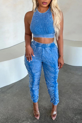 Blue Casual Sportswear Solid Patchwork Fold O Neck Sleeveless Two Pieces