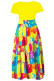 Lichtgele casual print patchwork jurk met korte mouwen en ronde hals Grote maten jurken