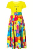 Lichtgele casual print patchwork jurk met korte mouwen en ronde hals Grote maten jurken