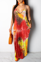 Red Yellow Sexy Print Patchwork Spaghetti Strap Sling Dress Dresses
