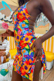 カラー セクシー パーティー プリント バックレス ストラップ デザイン スパゲッティ ストラップ スリング ドレス ドレス