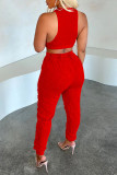 Röda Casual Sportswear Solid Patchwork Vik O-hals ärmlös två delar