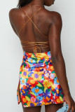 カラー セクシー パーティー プリント バックレス ストラップ デザイン スパゲッティ ストラップ スリング ドレス ドレス