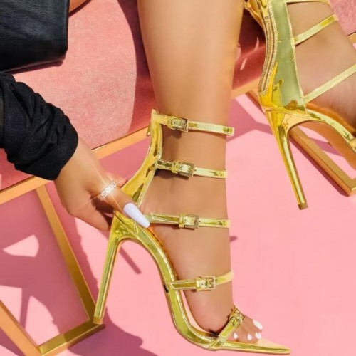 Chaussures de porte pointues dorées en patchwork décontracté de couleur unie (hauteur du talon 4.53 pouces)