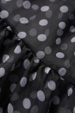 ブラック カジュアル プリント ポルカドット パッチワーク リボン カラー シャツドレス ワンピース