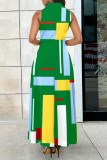 Green Casual Print Patchwork Turndown Collar Long Dress Dresses