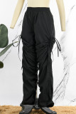 Pantalones de lápiz de cintura alta con pliegues en cordón de patchwork sólido informal negro