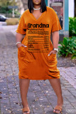 Orange Casual Print Basic V-ringad kortärmad klänning