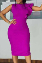 Фиолетовые повседневные элегантные однотонные платья-юбки с оборками на молнии и круглым вырезом