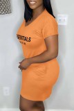 Oranje casual print Letter V-hals A-lijn jurken