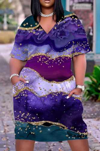 Purple Casual Print Basic V Neck Short Sleeve Dress Dresses