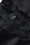 Schwarzes, sexy, festes, durchsichtiges Patchwork-Abendkleid aus der Schulter
