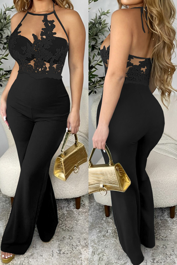 Pure Black Sexy Casual Sólido Backless Spaghetti Strap Skinny Jumpsuits