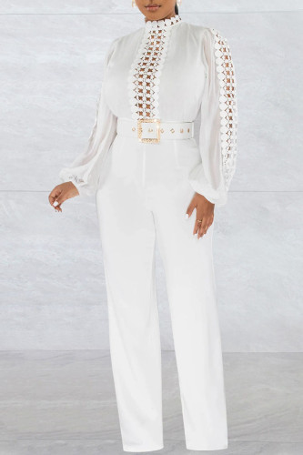 White Casual Solid Hollowed Out Patchwork With Belt O Neck Straight Jumpsuits(With A Belt)