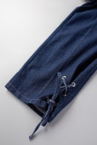 Deep Blue Street Solid Bandage Patchwork Fibbia con cintura O Collo Tute di jeans dritte senza maniche
