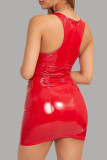 Rojo sexy fiesta sólido patchwork cremallera u cuello un paso falda vestidos