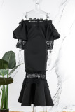 ブラック セクシー ソリッド パッチワーク シースルー オフショルダー イブニングドレス ドレス