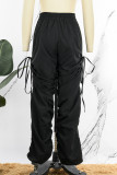 Pantalones de lápiz de cintura alta con pliegues en cordón de patchwork sólido informal negro