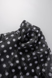 Schwarze Casual Print Polka Dot Patchwork Ribbon Kragen Hemdkleid Kleider