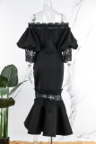 Черное сексуальное однотонное прозрачное вечернее платье в стиле пэчворк с открытыми плечами Платья