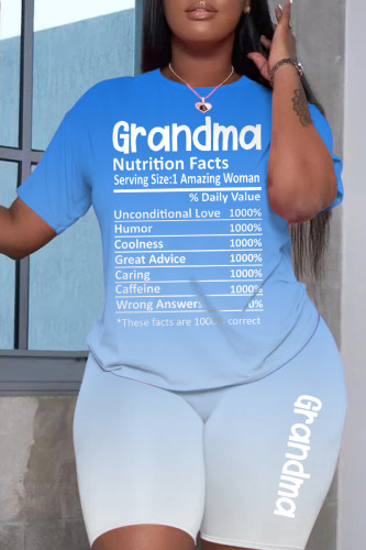 Light Blue Gradual Change Letter Print Basic O Neck Short Sleeve Two Pieces