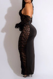 ブラックのセクシーなソリッドパッチワークフォールドホルターペンシルスカートドレス(袖を含む)