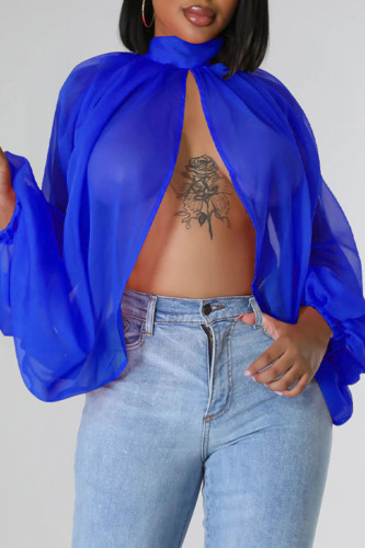 Blue Sexy Solid Patchwork See-through Asymmetrical Half A Turtleneck Tops