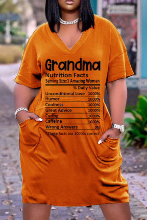 Orange Casual Print Basic V-Ausschnitt Kurzarm Kleid Kleider