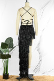 Black Sexy Solid Tassel Patchwork Asymmetrical Spaghetti Strap Evening Dress Dresses