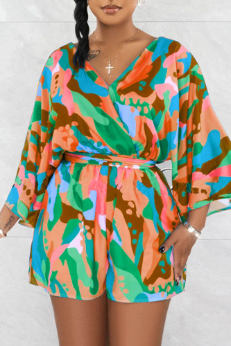 Green Sexy Print Patchwork With Belt V Neck Loose Rompers(With A Belt)