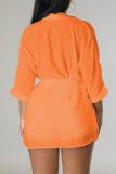 Оранжевый сексуальный повседневный однотонный кардиган с длинным рукавом из двух частей
