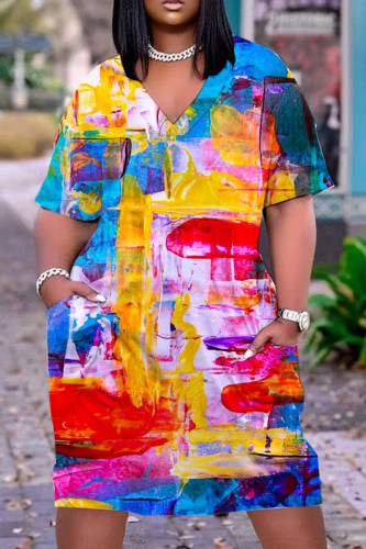 Multicolor Casual Print Basic V Neck Short Sleeve Dress Dresses