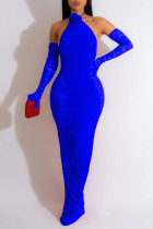 Blauw sexy effen patchwork vouw halter kokerrok jurken (inclusief de mouw)