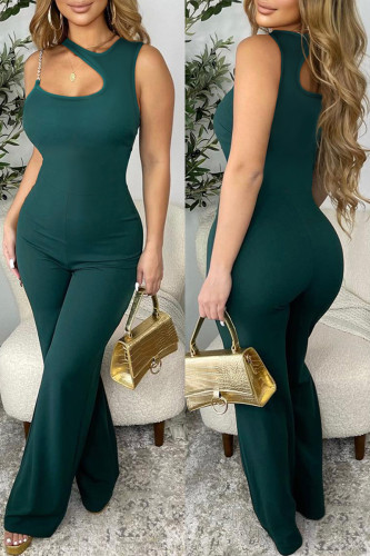 Dark Green Sexy Casual Solid Backless Spaghetti Strap Skinny Jumpsuits