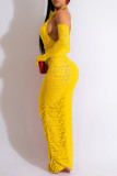 Vestidos de falda de lápiz halter con pliegues de patchwork sólido sexy amarillo (incluida la manga)