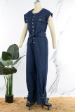 Deep Blue Street Solid Bandage Patchwork Buckle With Belt O Neck Sleeveless Straight Denim Jumpsuits