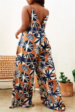 Brown Casual Vacation Simplicity Print Backless O Neck Loose Jumpsuits