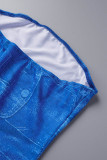 Blau Sexy Print Patchwork trägerlose Bleistiftrock-Kleider