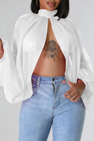 White Sexy Solid Patchwork See-through Asymmetrical Half A Turtleneck Tops