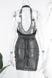 Черные сексуальные однотонные лоскутные платья с юбкой-карандашом на бретелях с лямкой на шее