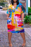 Veelkleurige casual print Basic jurk met V-hals en korte mouwen