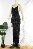 Black Sexy Solid Tassel Patchwork Asymmetrical Spaghetti Strap Evening Dress Dresses